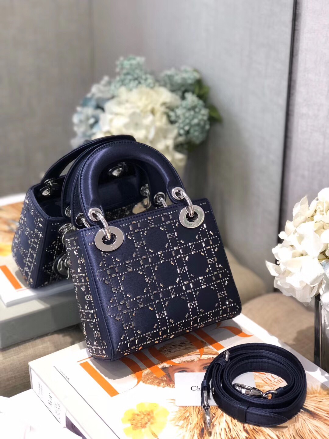 Mini Lady Dior Bag Deep Blue Strass Cannage Satin